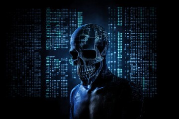 human skull with binary code, A Captivating Visual Composition: A Dark and Lighted Screen with a Silhouette of a Skull, Illuminated by Intricate Computer Code
