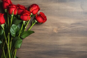 Naklejka na ściany i meble red roses bouquet flower with wooden desk AI Generated
