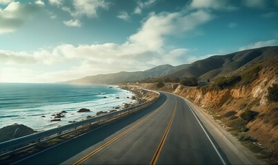  a long stretch of road next to the ocean with a train on the side of the road on the side of the road is a cliff.  generative ai