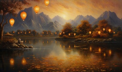  a painting of a lake with a lot of lanterns floating in the air above it and mountains in the background with leaves on the water.  generative ai