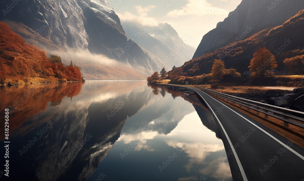 Poster a scenic view of a mountain lake with a train passing by on the side of the road in the foreground a
