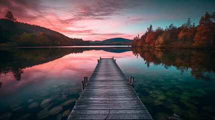 sunset on lake with a dock and trees, in the style of light cyan and dark brown, uhd image