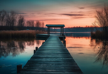 sunset on lake with a dock and trees, in the style of light cyan and dark brown, uhd image - Powered by Adobe