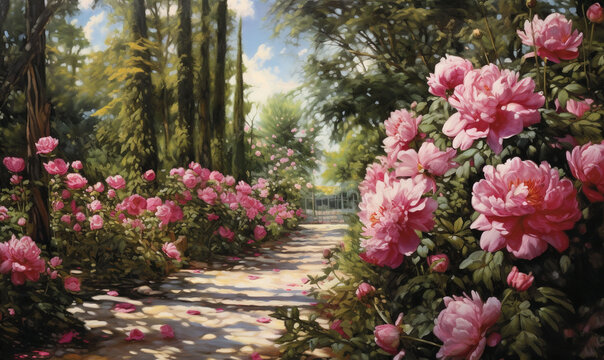  a painting of a path with pink flowers in the foreground and trees in the background, with a path leading to a park with benches.  generative ai