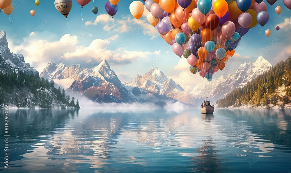 Poster a painting of a boat floating in a lake with many balloons floating in the air above it and mountain