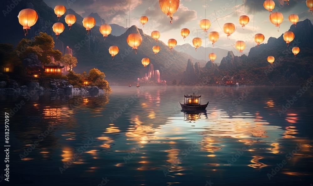 Poster a boat floating on a lake surrounded by floating lanterns in the sky above a mountain range with a l