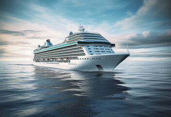  a cruise ship sailing on the water, in the style of light turquoise and silver