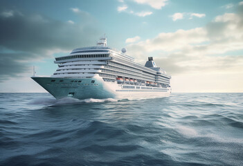 a cruise ship sailing on the water, in the style of light turquoise and silver