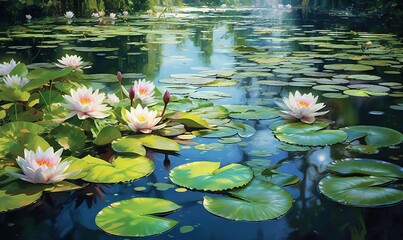  a painting of water lilies and lily pads in a pond with a waterfall in the background and trees in the background with leaves on the water.  generative ai - obrazy, fototapety, plakaty