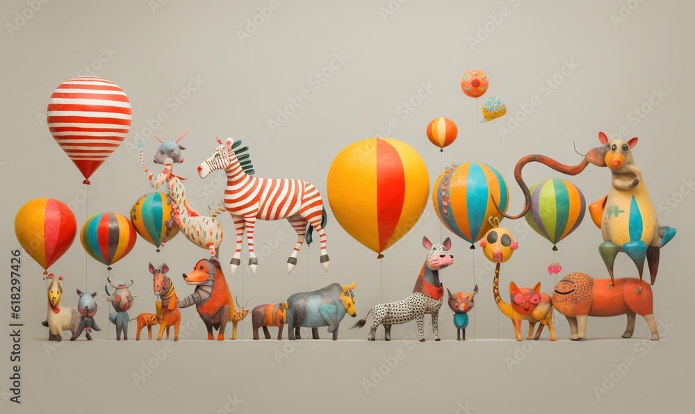Poster a group of animals standing next to each other on top of a white surface with balloons flying in the