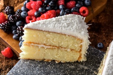 Indulgent Close-Up of White Chocolate Coconut Cake Slice in Irresistible 4K Resolution