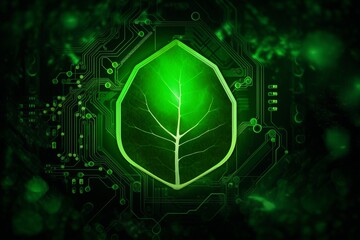 Obraz premium abstract green leaf, Dynamic Energy Icon on a Green Leaf Background, Infused with the Styles of Toonami, Havencore, Bugcore, and Flickr, Blending Circuitry and Recycled Elements.