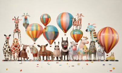  a group of stuffed animals standing on top of a shelf with hot air balloons in the sky above them and a giraffe in the background.  generative ai