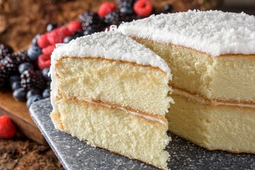 Indulgent Close-Up of White Chocolate Coconut Cake Slice in Irresistible 4K Resolution