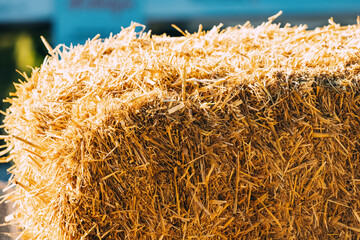 Hay straw stack close-up view at farm