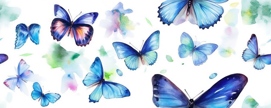 a group of blue butterflies flying in the sky with watercolor paint on it's wings and back of the butterflies is white and blue and green.  generative ai