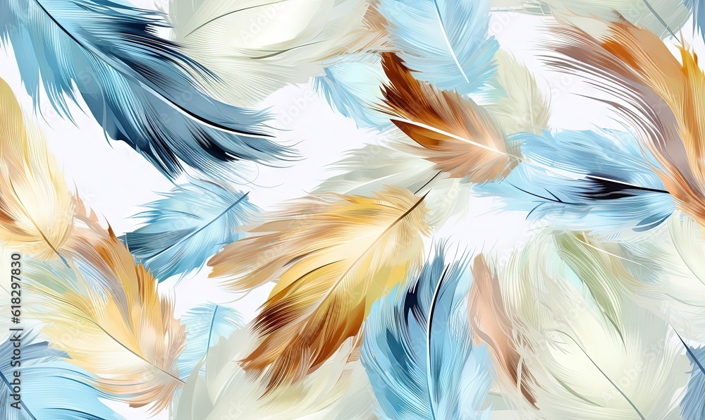 Aufkleber a pattern of colorful feathers on a white background with blue, yellow, and brown feathers on the bo
