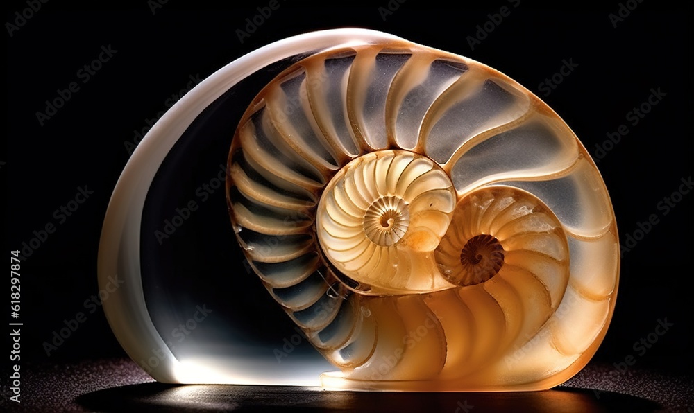 Poster a large shell shaped sculpture on a black surface with a light shining on it's side and a black back