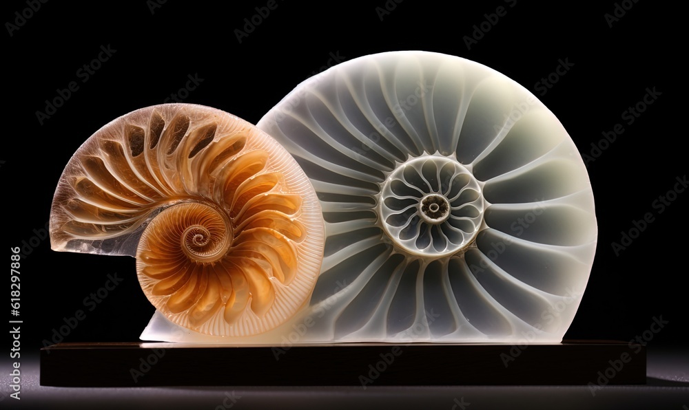 Poster a close up of a shell on a black background with a black background and a white shell on a black bac