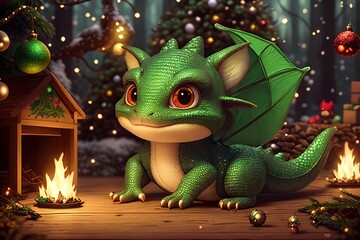 Сute little dragon near the Christmas tree with festive decorations. Ai generative.