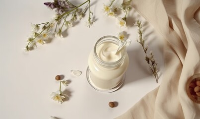 Fototapeta na wymiar a jar of cream surrounded by flowers on a white table cloth and a glass of almond milk on a white tablecloth with a spoon. generative ai