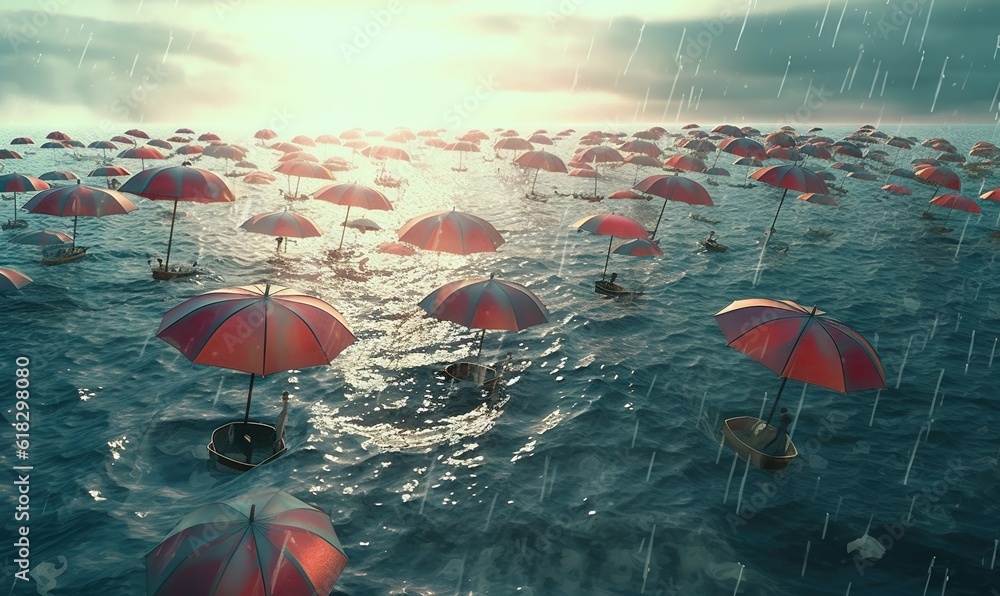 Poster a group of umbrellas floating in the ocean on a cloudy day with sun shining through the clouds and w