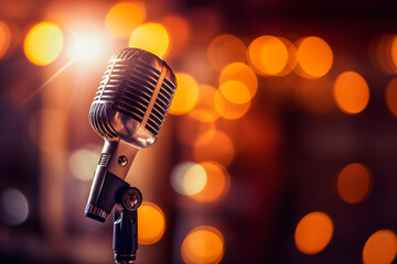 Close-up of microphone prepared to sing. AI Generative.