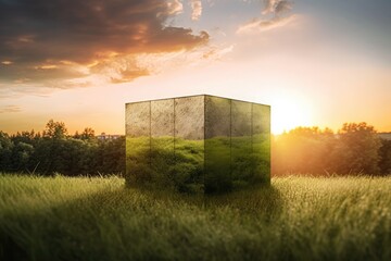 mysterious box placed in the center of a vast green field