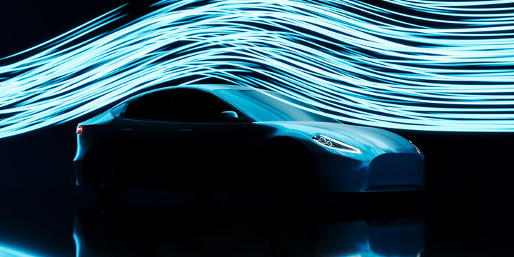 Electric vehicle aerodynamics test in wind tunnel, modern concept car engineering design for better speed performance, automotive physics smoke flow laboratory 3d illustration