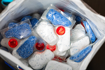 Closeup of dishwasher capsules