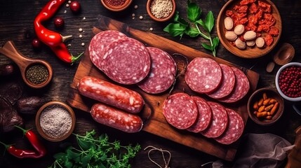 assorted meat sausages and grilled sausages. Assortment on a wooden board. Hearty calorie food. Generative AI
