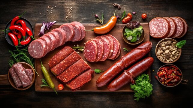 assorted meat sausages and grilled sausages. Assortment on a wooden board. Hearty calorie food. Generative AI
