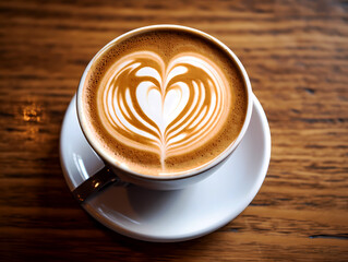 Top-down view of hot cappuccino coffee isolated on wood table. latte with heart shaped milk foam