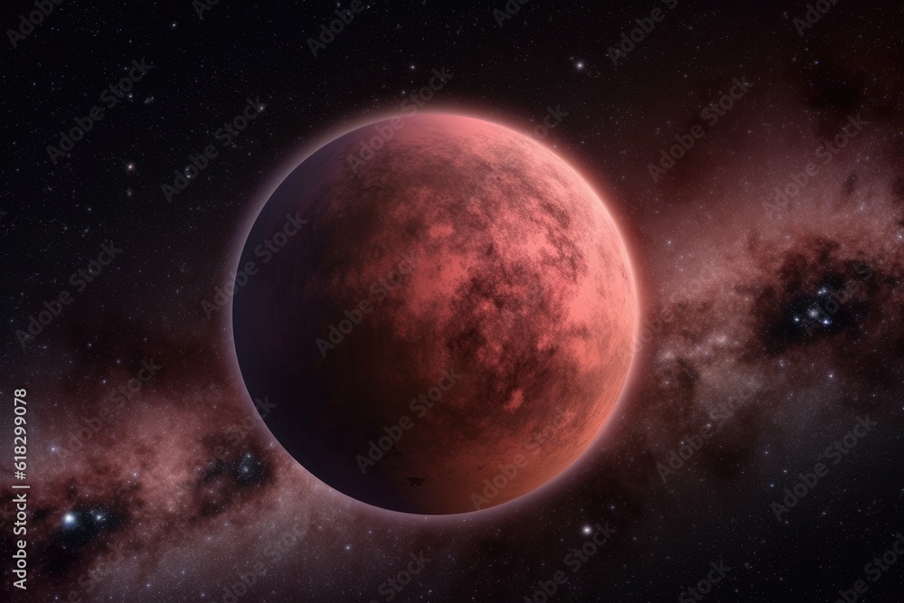 Poster fictional planet with a red surface and atmosphere floating in space