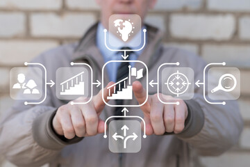 Businessman working on virtual touch screen of future presses icon: ladder with flag. Concept of opportunities successful business career. Potential opportunity ahead.