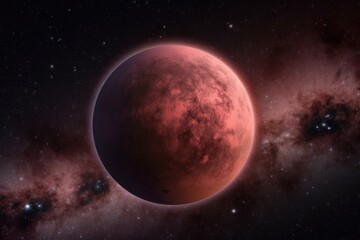 fictional planet with a red surface and atmosphere floating in space