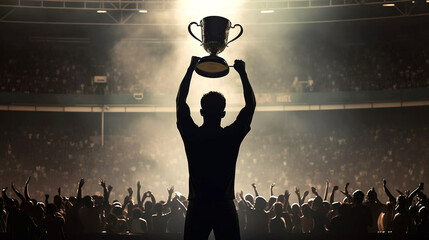 silhouette of a man holding a trophy in the stadium