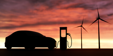 Wind turbine farm power electric vehicle charging station with beautiful sunset, Alternative sustainable green energy, eco friendly car recharge, Renewable clean resource concept 3d rendering © ZETHA_WORK