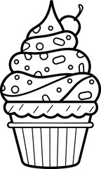 Ice cream cone black and white line art icon. Coloring book page for adults and kids. Summer fast food vector illustration for gift card, flyer, certificate or banner, icon, logo, patch, sticker