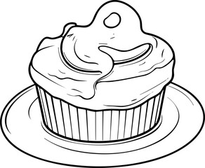 Cake Line Art. Illustration for menu, flyers, cafe, restaurants, catering. Pie with whipped cream, smoothies