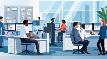 Illustrate a help desk scenario with IT professionals assisting users, troubleshooting technical issues, and providing support