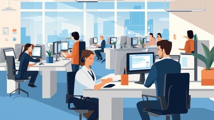 Illustrate a help desk scenario with IT professionals assisting users, troubleshooting technical issues, and providing support