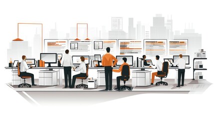 Illustrate a help desk scenario with IT professionals assisting users, troubleshooting technical issues, and providing support