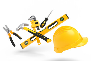 Flying view of yelllow construction tools for repair on white background
