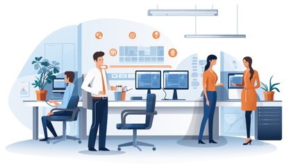 Illustrate a help desk scenario with IT professionals assisting users, troubleshooting technical issues, and providing support