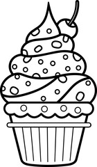 Ice cream cone black and white line art icon. Coloring book page for adults and kids. Summer fast food vector illustration for gift card, flyer, certificate or banner, icon, logo, patch, sticker