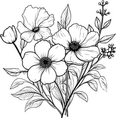 Flowers line art vector illustration set isolated on white. Flower black ink sketch. Modern minimalist hand drawn design.