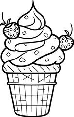 Ice cream cone black and white line art icon. Coloring book page for adults and kids. Summer fast food vector illustration for gift card, flyer, certificate or banner, icon, logo, patch, sticker