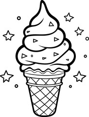 Ice cream cone black and white line art icon. Coloring book page for adults and kids. Summer fast food vector illustration for gift card, flyer, certificate or banner, icon, logo, patch, sticker