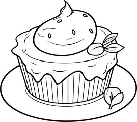 Cake Line Art. Illustration for menu, flyers, cafe, restaurants, catering. Pie with whipped cream, smoothies